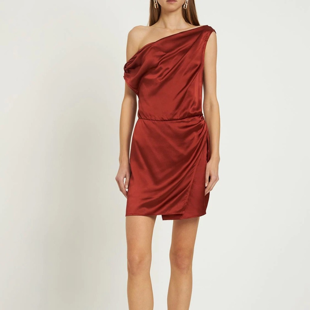 Reformation One-Shoulder Mini Dress in Rust Red